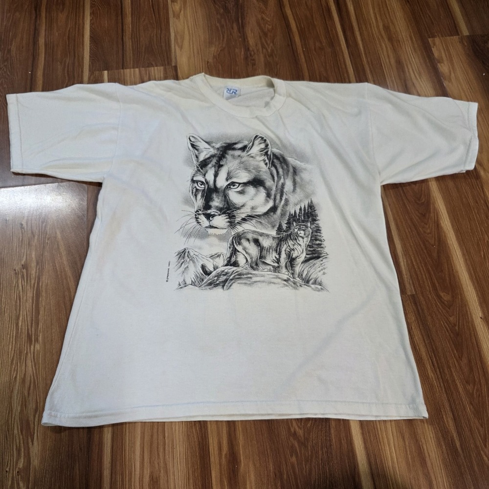 Vintage Mountain Lion Shirt Mens XL White RR Wildlife‎ Graphic Made USA 90s